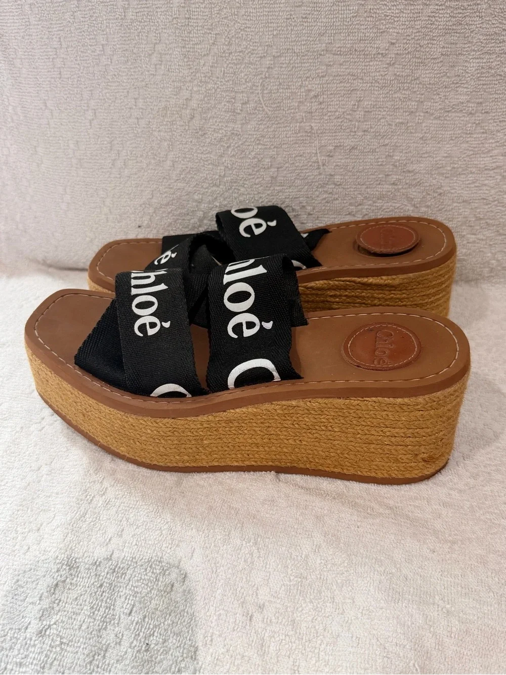 Chloé Black Logo Ribbon Espadrille Platform Sandals